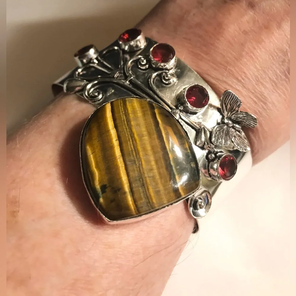 Tiger Eye Garnet Stamped Solid 925 Sterling Silver Cuff Bracelet